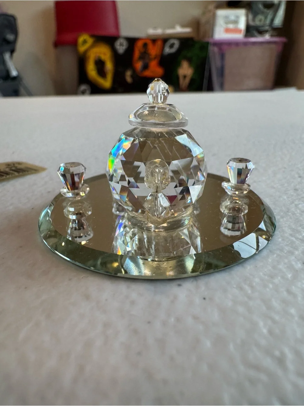 Vintage Crystal Tea Time Figurine on Mirrored Base - Clear